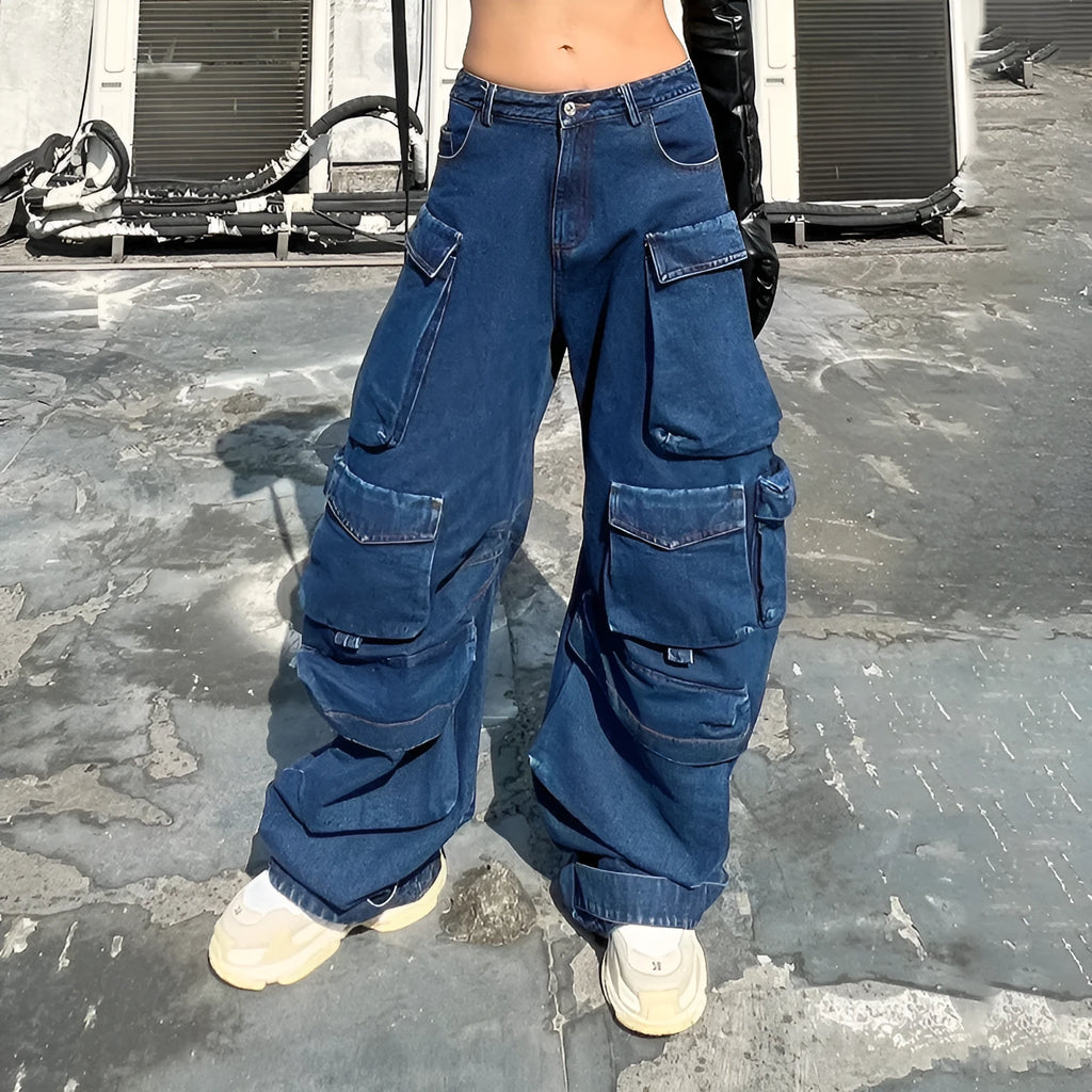 Dark blue distressed women's wide-leg jeans with a high waist and multiple pockets.