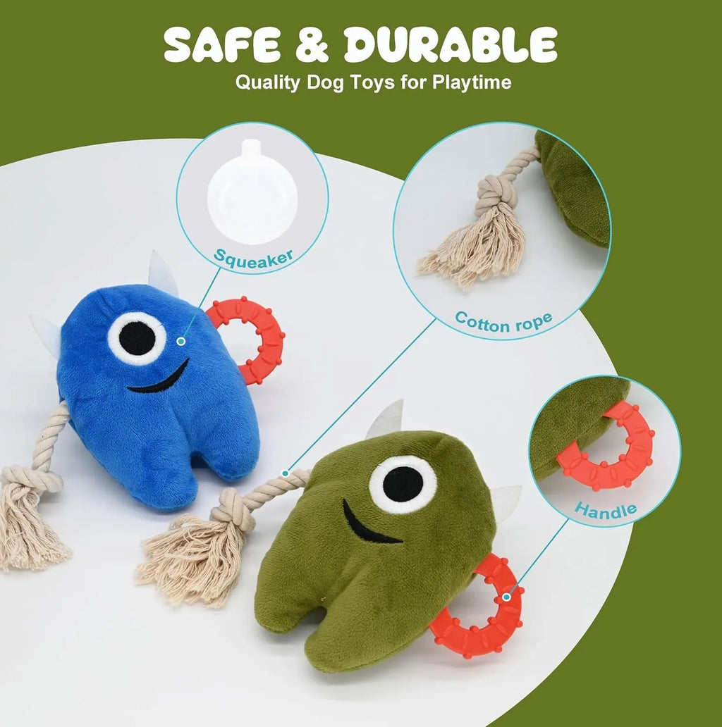Large blue plush and rope dog chew toy with squeaker for aggressive chewing and tugging play