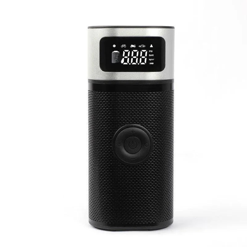 Black portable wireless smart air pump with a 15cm tube and multiple nozzles on a grey background.