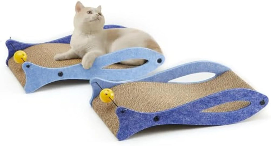 Blue fish-shaped corrugated cardboard cat scratcher lounge with a dangling bell ball toy.