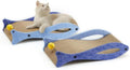 Blue fish-shaped corrugated cardboard cat scratcher lounge with a dangling bell ball toy.
