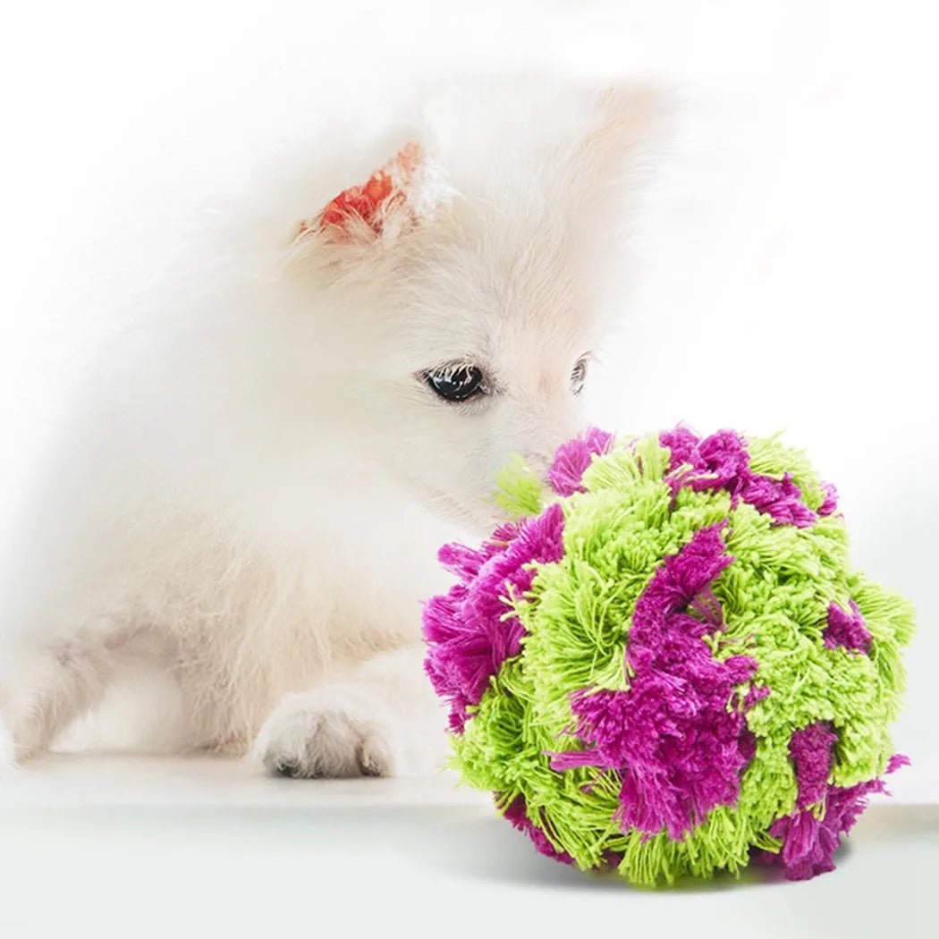 Purple seaweed-scented plush dog chew ball with knot design for teething and interactive play