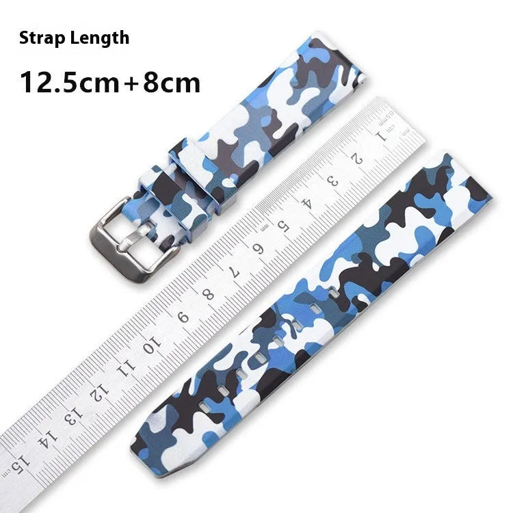 Green, blue, and grey camouflage silicone watch straps showing 20mm, 22mm, and 24mm width options.