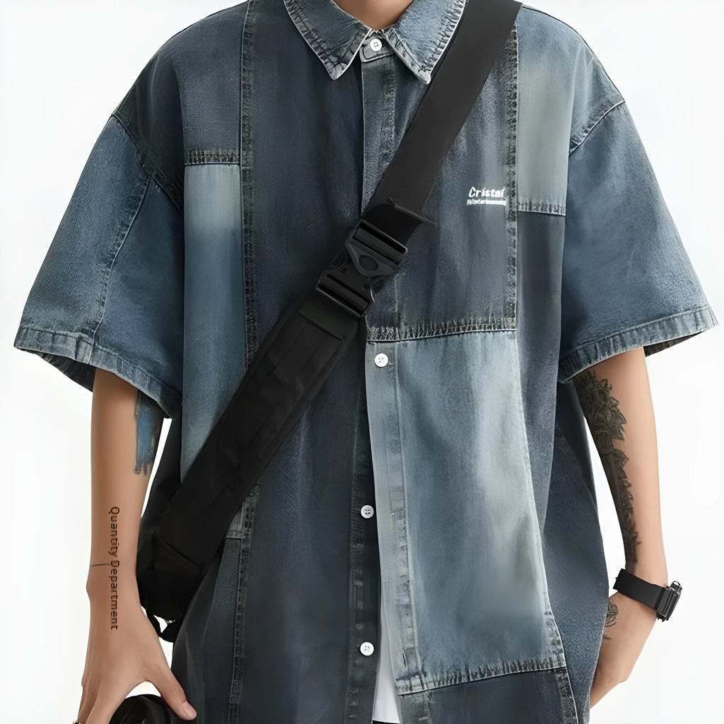 Blue Japanese-style denim shirt with washed stitching, loose fit, and cardigan style for men