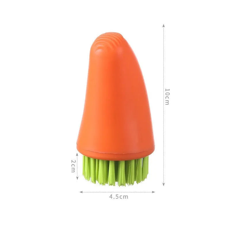 Orange and white radish-shaped nylon carrot cleaning brush for vegetables.