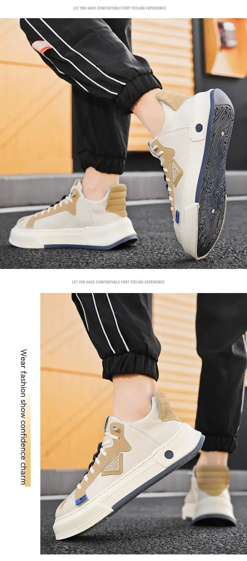 Men's beige low-top sneakers with elastic band closure and round toe on a white background.