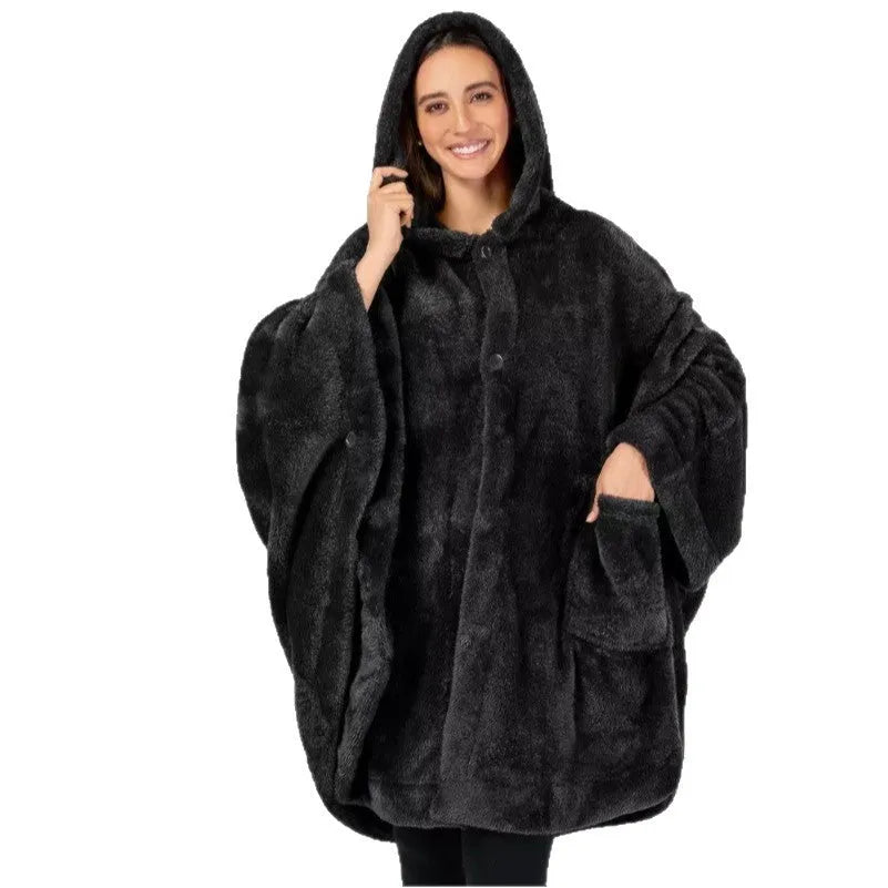 Thickened hooded bathrobe in polyester shown in black, dark grey, and pink colour options.