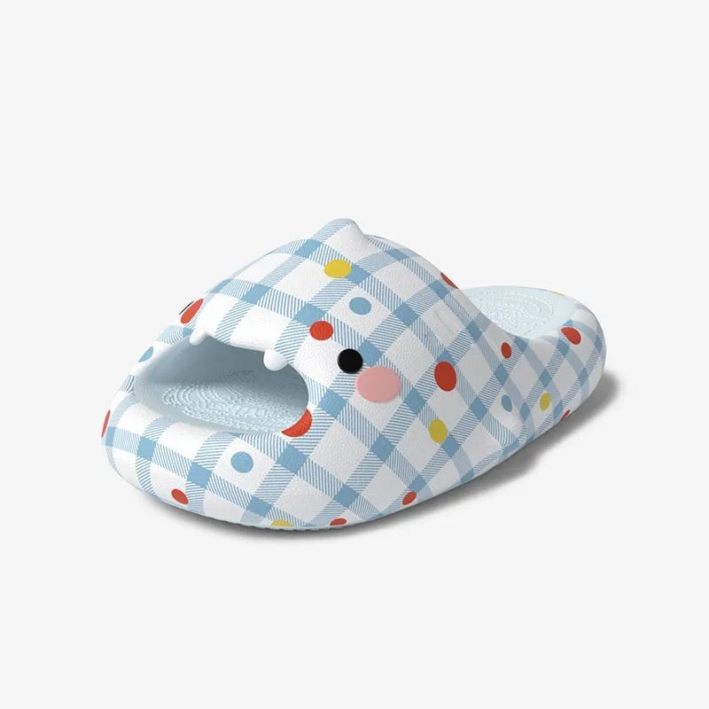 Couple matching non-slip EVA shark sandals with cartoon design, blue and pink colour options