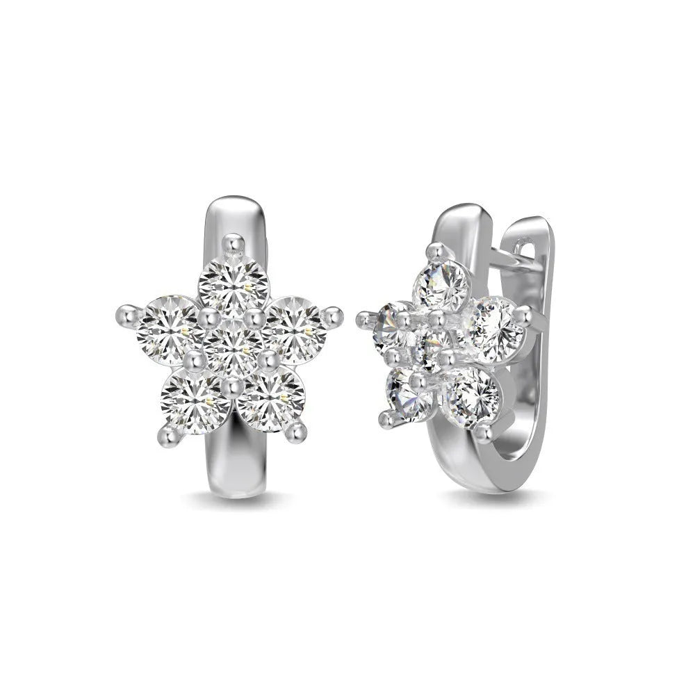 Pair of 925 silver platinum earrings with flower and geometry design for women