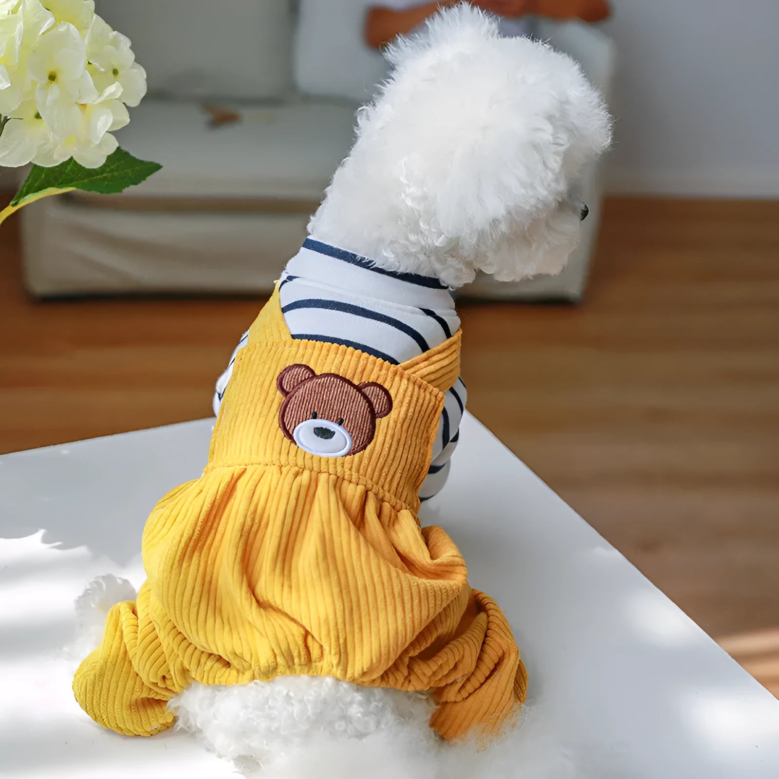 Bread bear design teddy fleece-lined dog overalls for small to medium dogs, polyester material, four-leg style