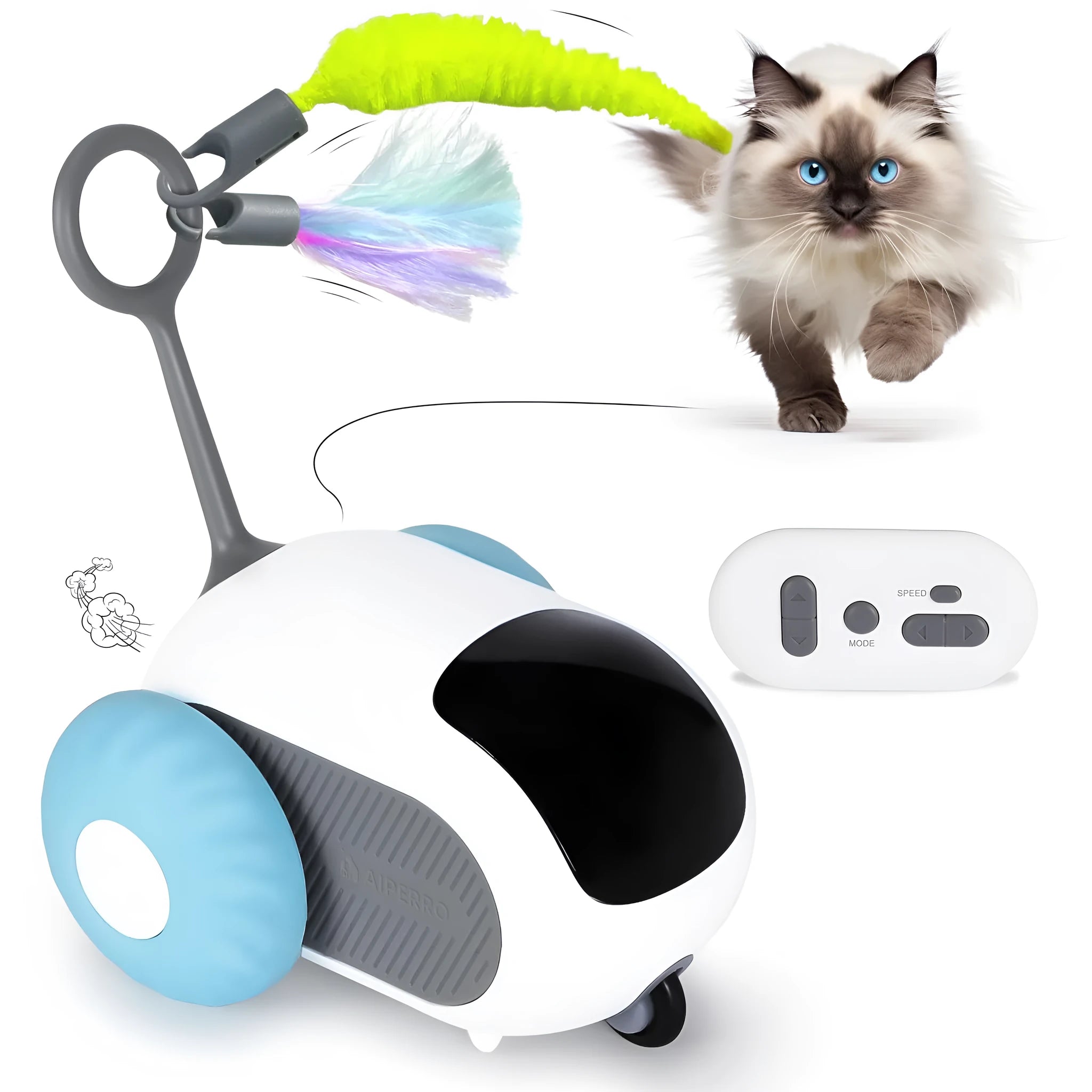 Blue remote-controlled cat toy car with feather attachment on hardwood floor