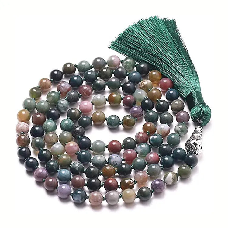 Agate geometric tassel necklace with amethyst blue pattern and multiple coloured stones at 95-100cm length