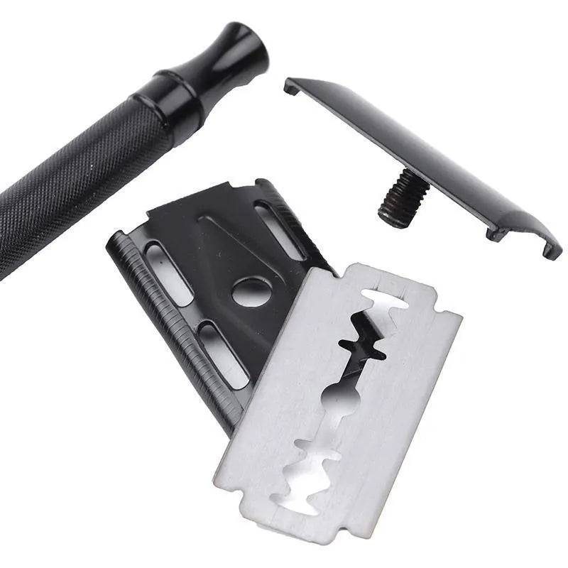 Traditional manual shaving razor set with metal scraper and matching barber brush