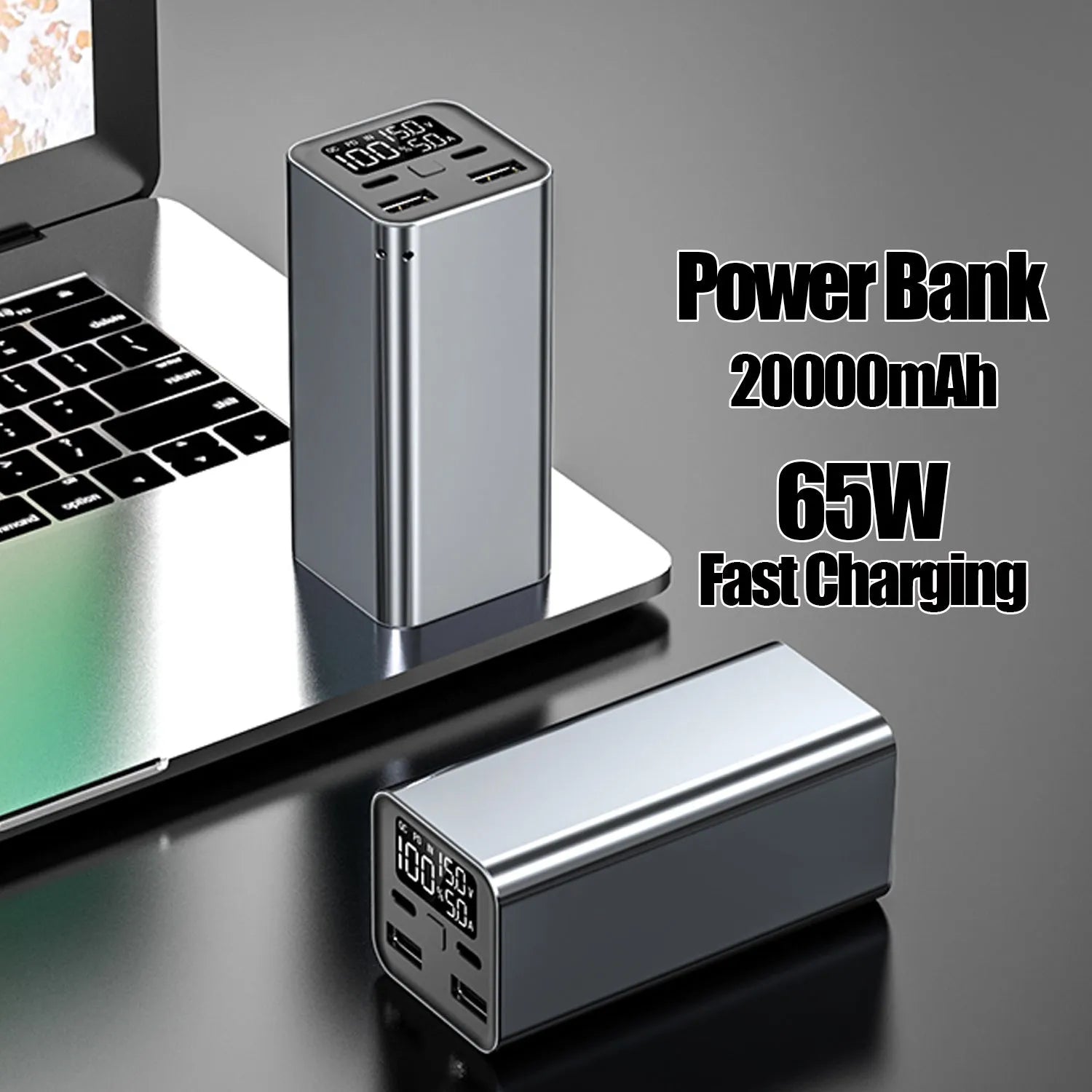 Black metal 65W 20000mAh power bank for laptop and USB-C device charging