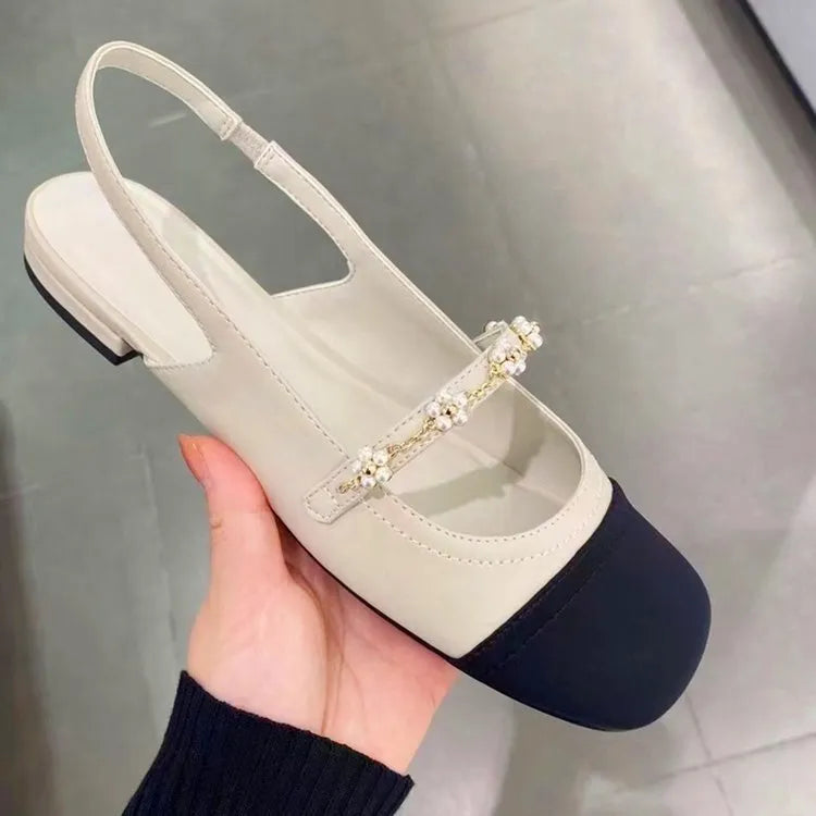 New flower square head elastic band shallow mouth flat bottom fashion shoes for women in beige with patent leather upper and rubber sole