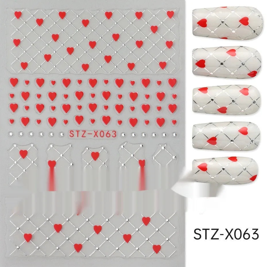 Set of 60 black and silver cartoon pattern nail strip stickers with plastic application patch.