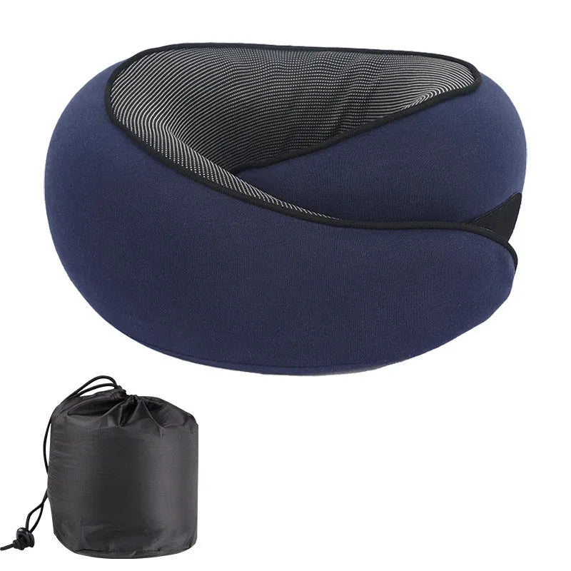 Black U-shaped memory foam neck pillow with storage bag, dimensions 27x26x13cm