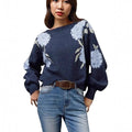 Sapphire blue women's pullover with floral jacquard pattern, off-neck collar, and loose fit