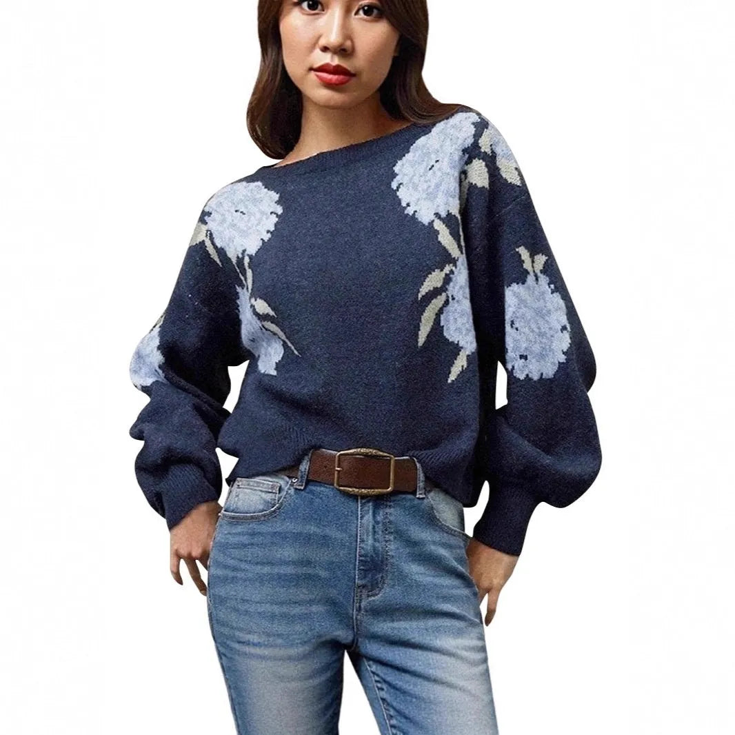 Sapphire blue women's pullover with floral jacquard pattern, off-neck collar, and loose fit