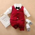Wine red cotton baby boy romper with long sleeves and single-breasted gentleman style