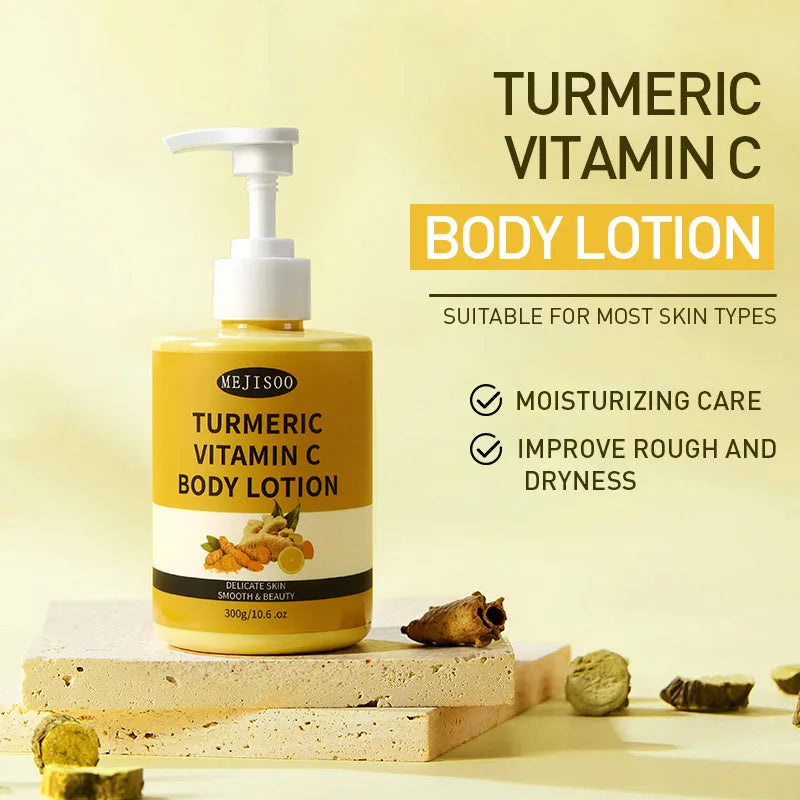 Turmeric VC Body Lotion 300g hydrating skin rejuvenating moisturising firming body cream in white and orange packaging