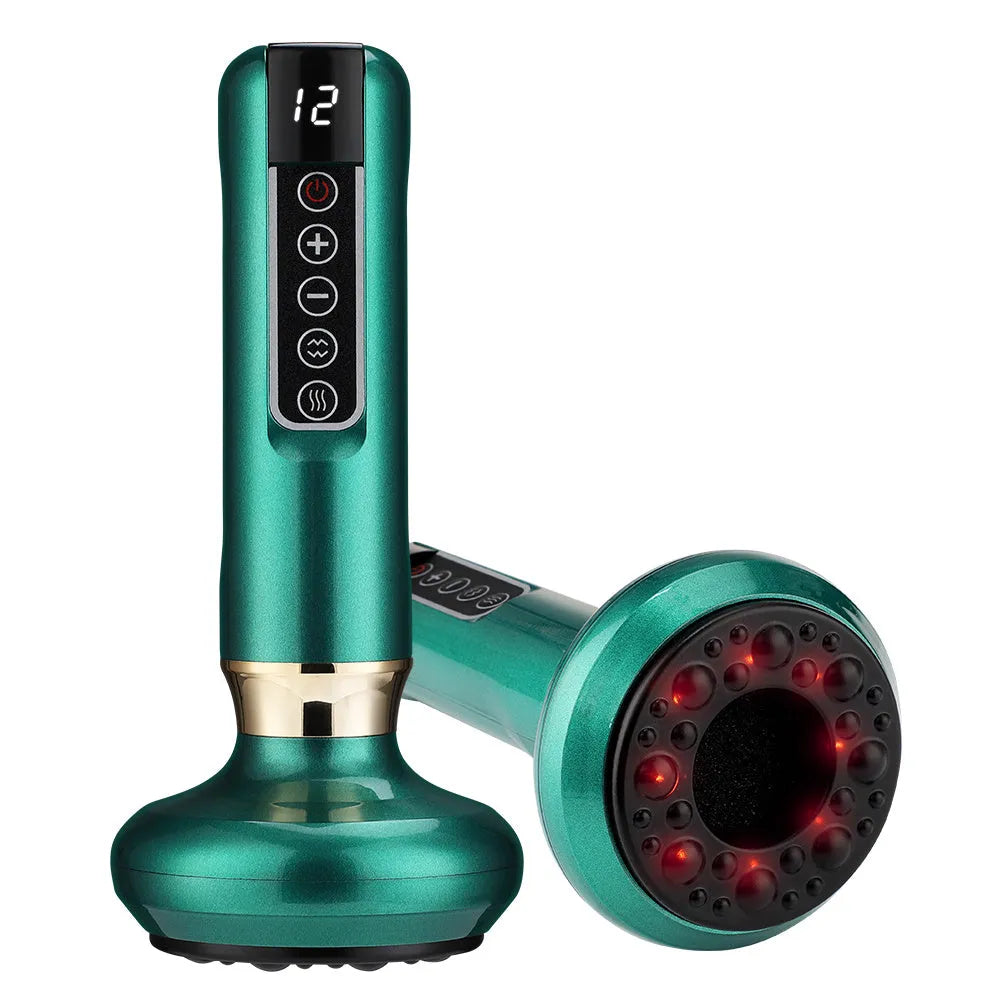Green electric vacuum cupping massager with USB cable on a table
