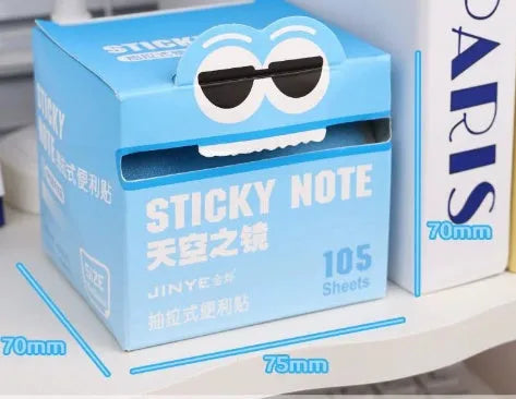 Box of pearl gradient transparent pull-out sticky notes for students, showing 105-page pad and colour options.