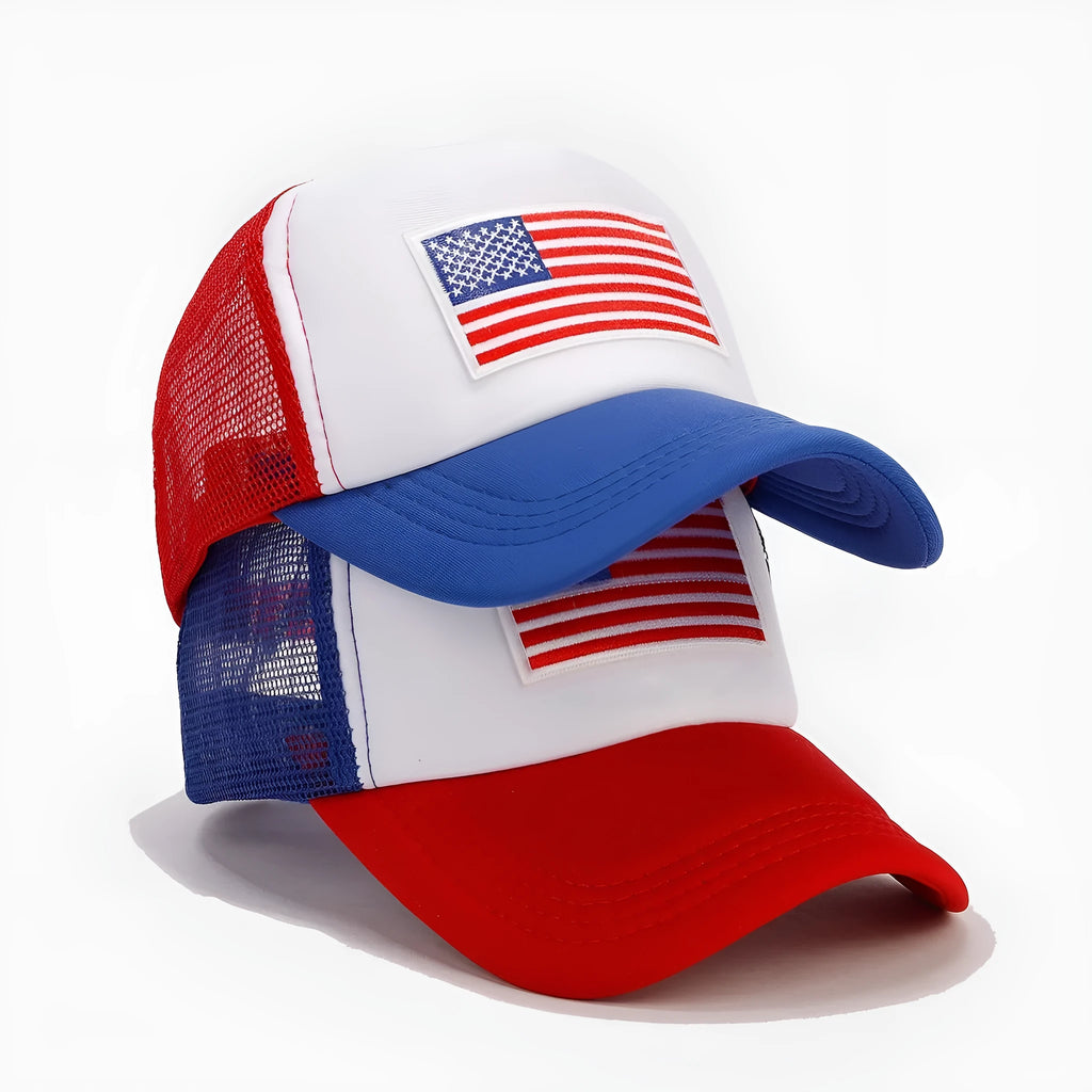 Red and blue contrast mesh baseball cap with adjustable dome crown design