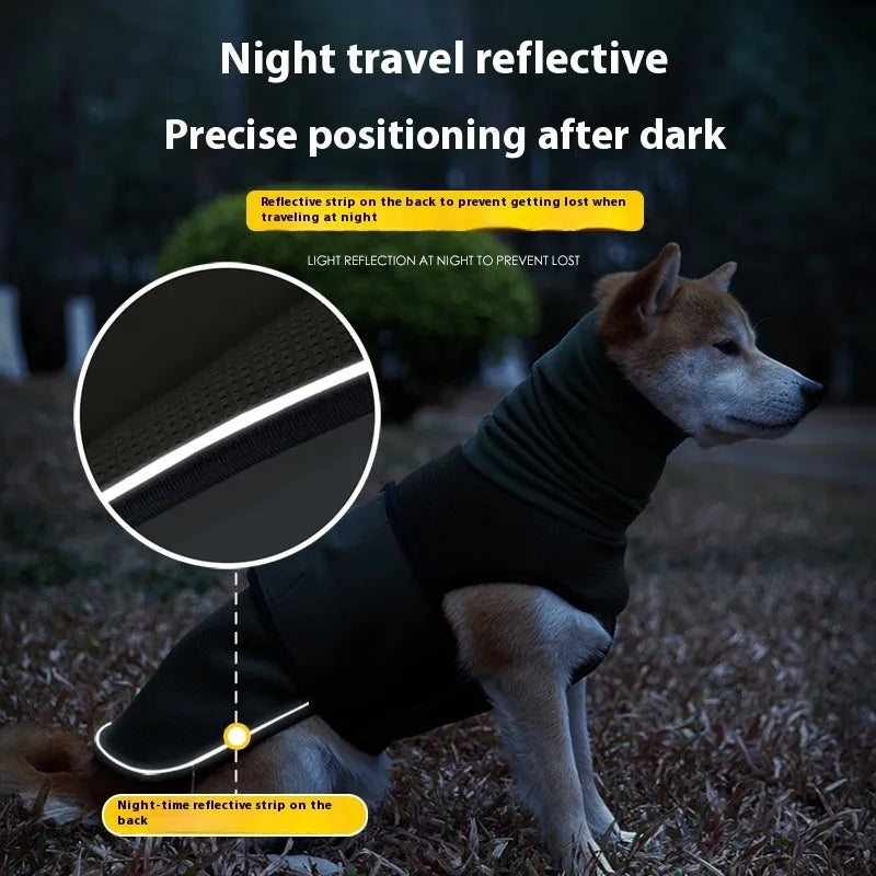 Dog wearing anti-anxiety calming jacket in polyester fabric for mood soothing pressure therapy