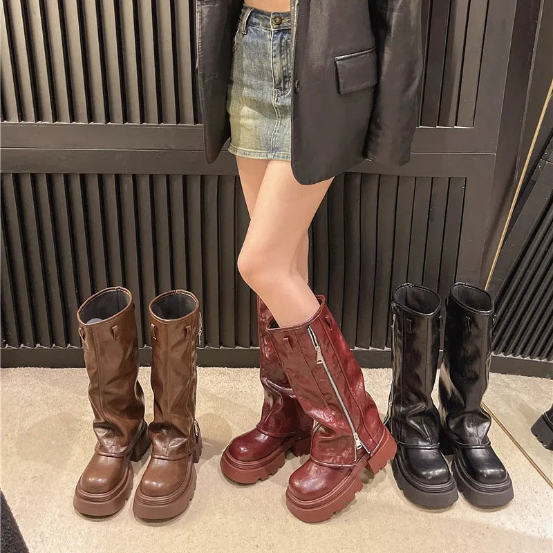 Platform muffin pants Martin boots with square heel in black, brown, or wine red colours