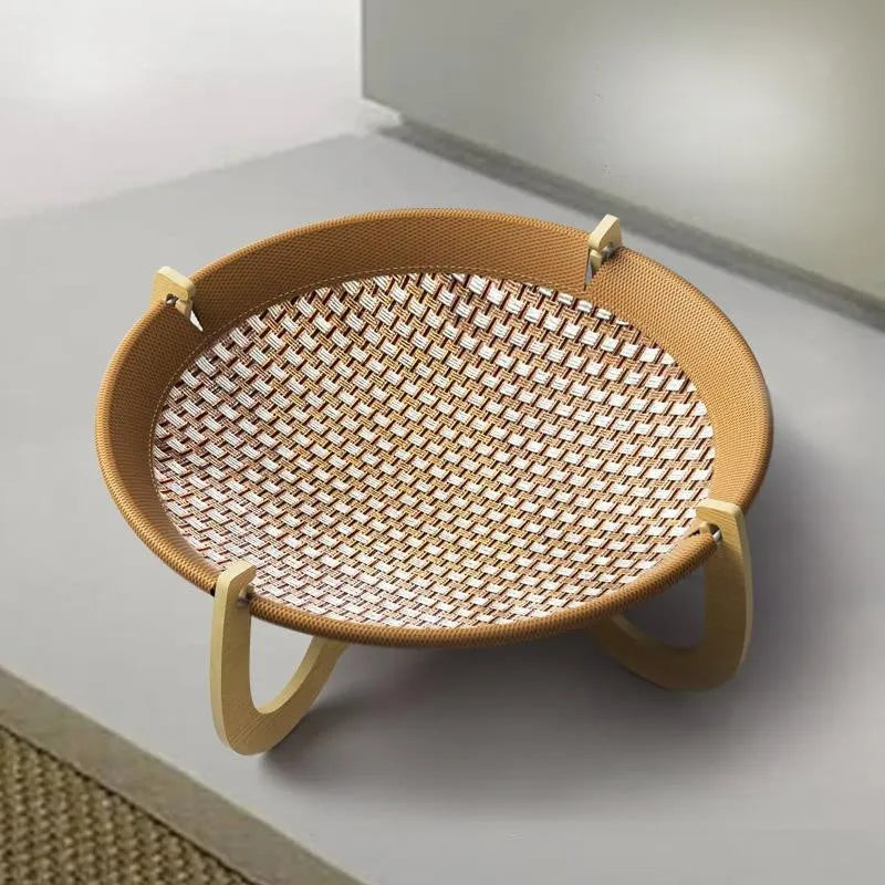 Brown woven rattan raised pet bed for cats and dogs, measuring 46cm square.