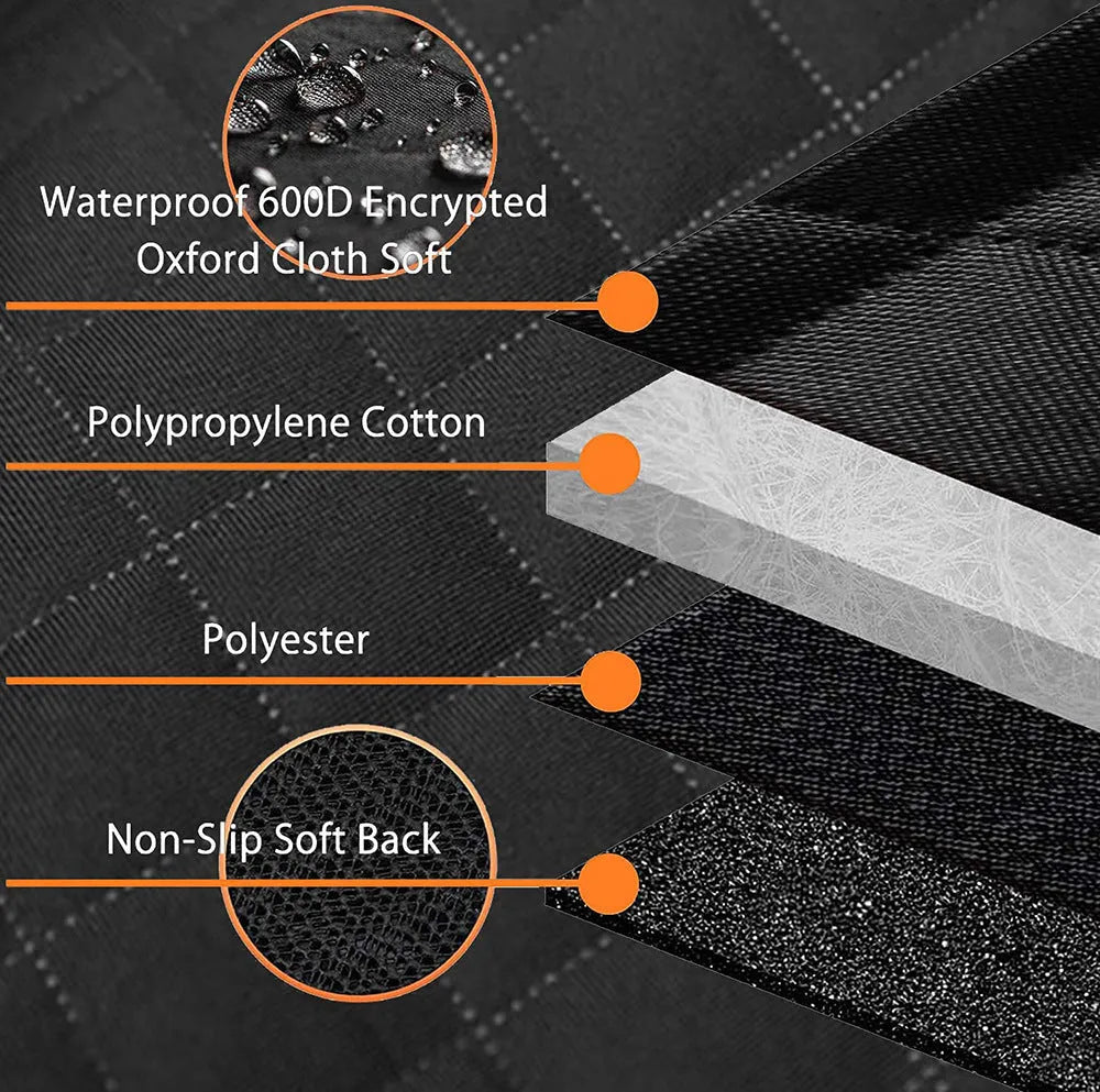 Black and orange waterproof dog car seat cover shown converted into a hammock on a rear car seat.