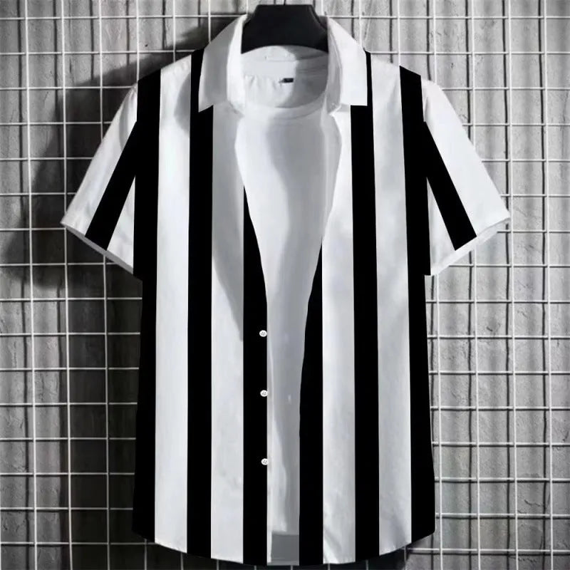 Men's linen T-shirt with 3D printed stripes on a simple striped background, short sleeve design
