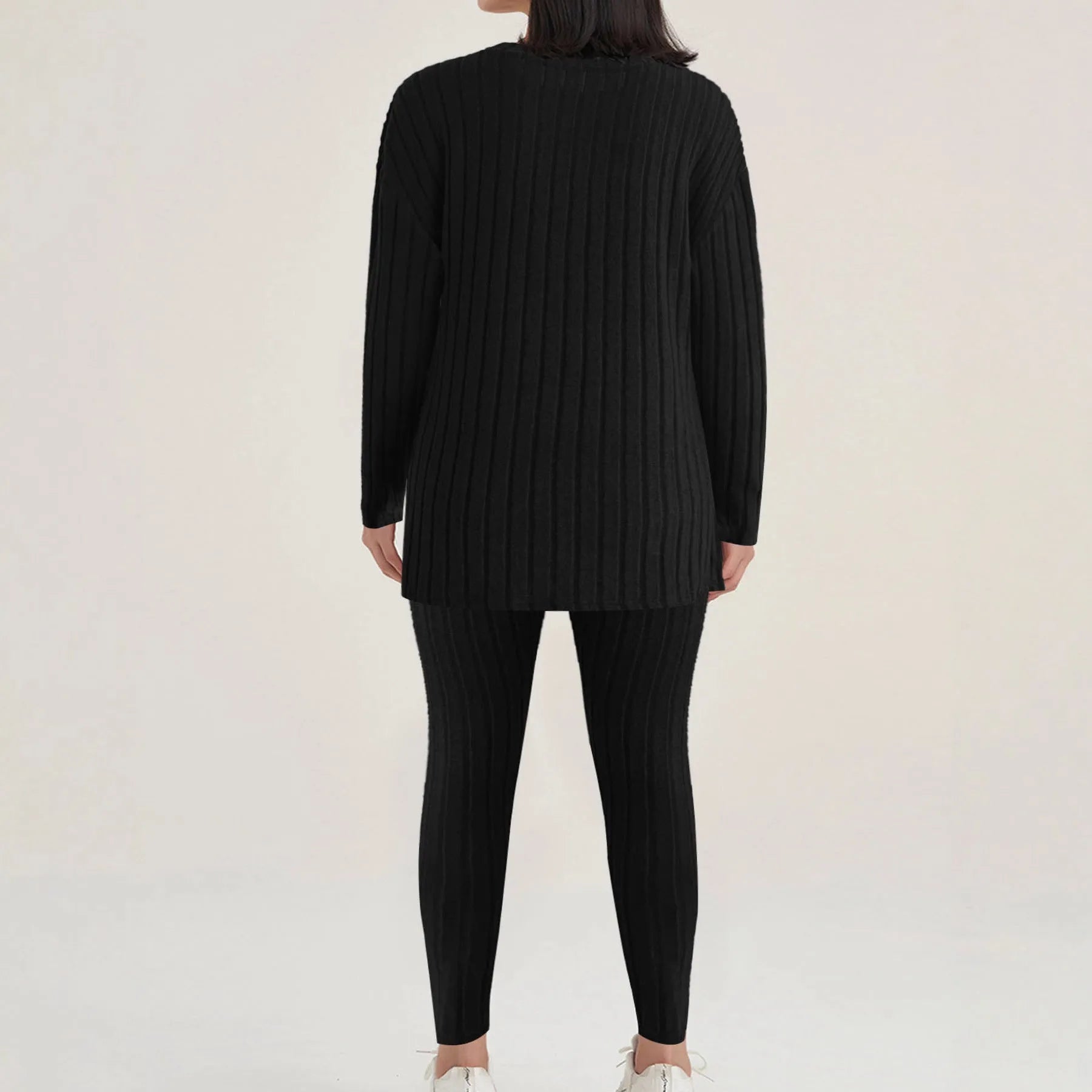 Women's black sunken stripe polyester two-piece homewear set with regular sleeve top and matching trousers