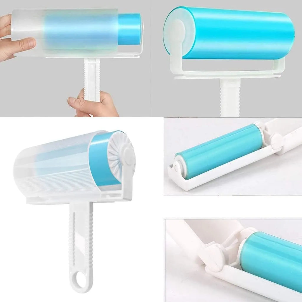 Blue washable reusable lint roller with protective cover for removing pet hair from clothes