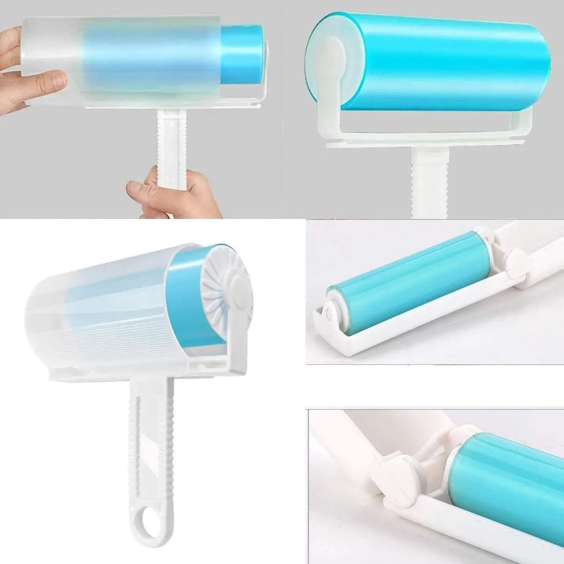 Blue washable reusable lint roller with protective cover for removing pet hair from clothes