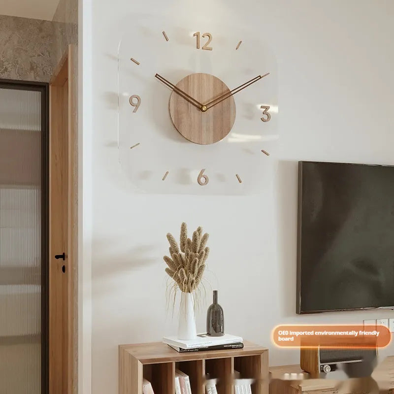 Transparent wooden wall clock with modern square design measuring 35cm