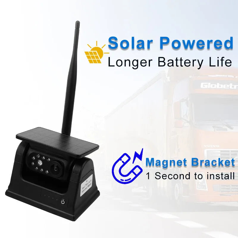 Solar-powered wireless reversing camera with magnetic mount showing aluminium alloy housing and adjustable angle mechanism