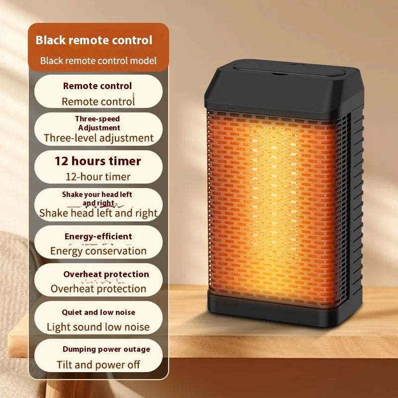 Black desktop electric heater with remote control, showing front knob and compact size for desk use