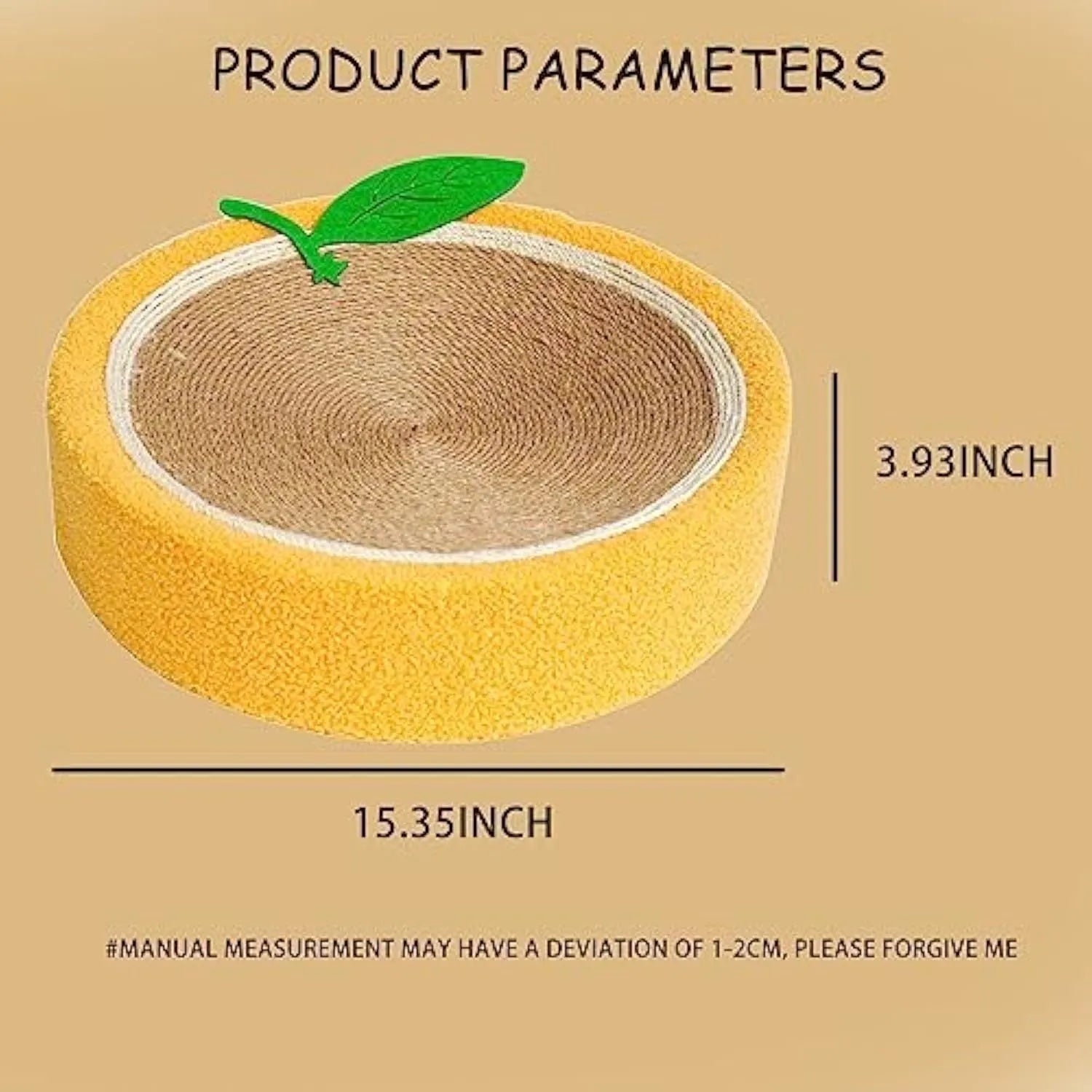 Yellow and orange round sisal cat scratching board with a concave centre bed.