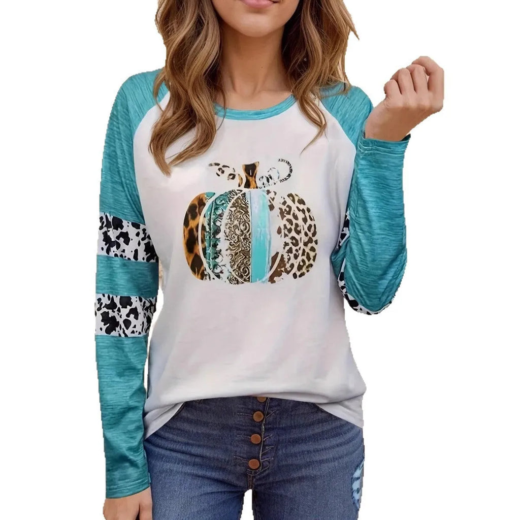 Sky blue polyester t-shirt with detailed 3D Halloween pumpkin printing, long sleeves, Japanese Korean casual style