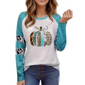 Sky blue polyester t-shirt with detailed 3D Halloween pumpkin printing, long sleeves, Japanese Korean casual style