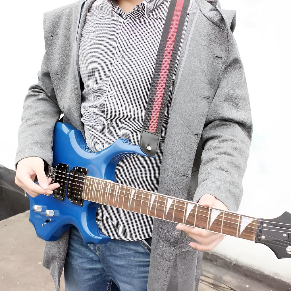 Woven crossbody guitar strap shown in one of five colours: Army Green, Dark Blue, Red, White, or Yellow.