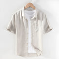Youth linen short sleeve shirt with square collar in raw jute or grey colour, cardigan style regular fit