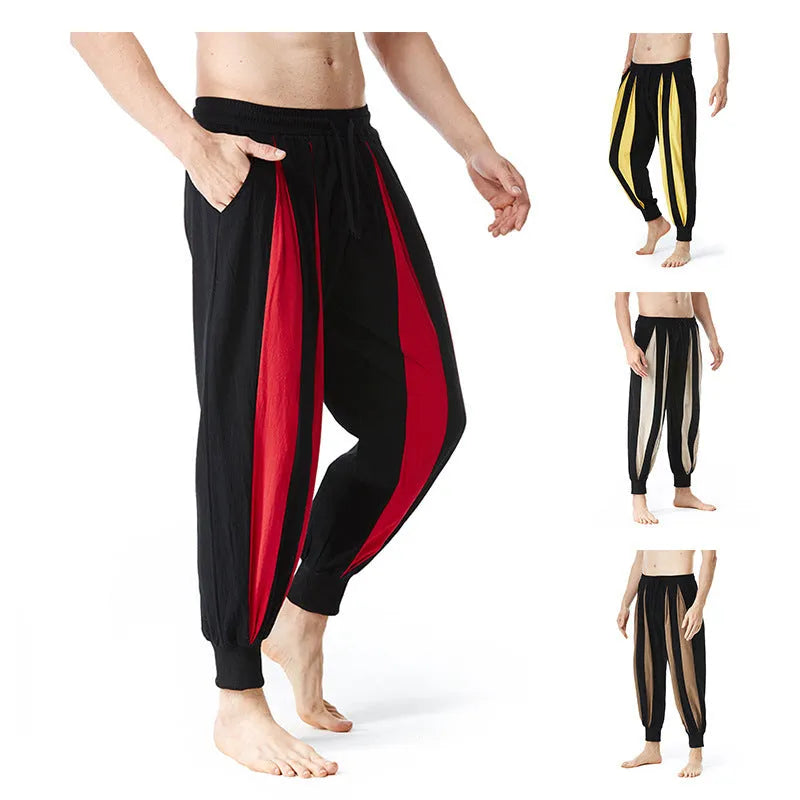 Men's straight-leg casual trousers in red, khaki, yellow, and brown colours on a size chart background.