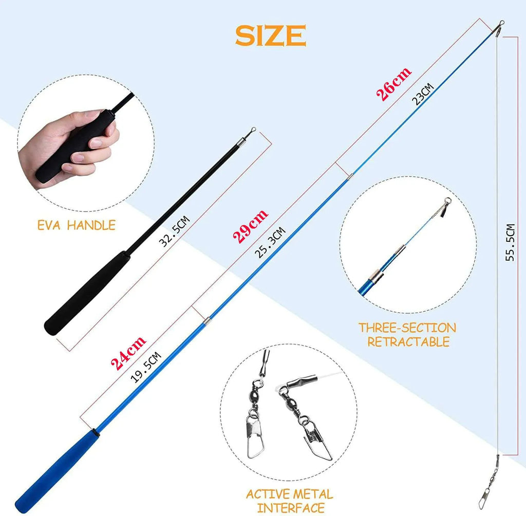 Extendable cat teasing fishing rod set with feather replacement heads