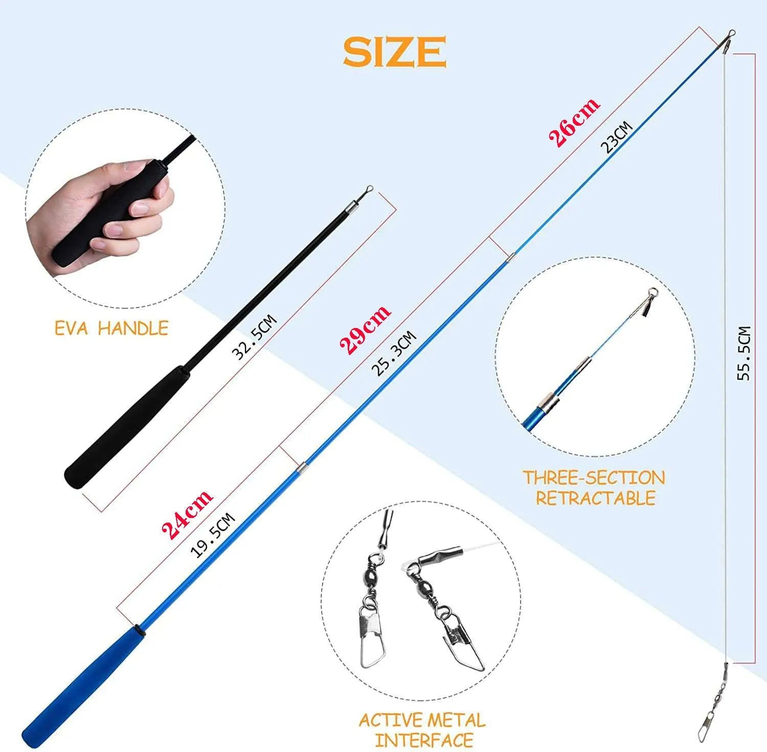 Extendable cat teasing fishing rod set with feather replacement heads