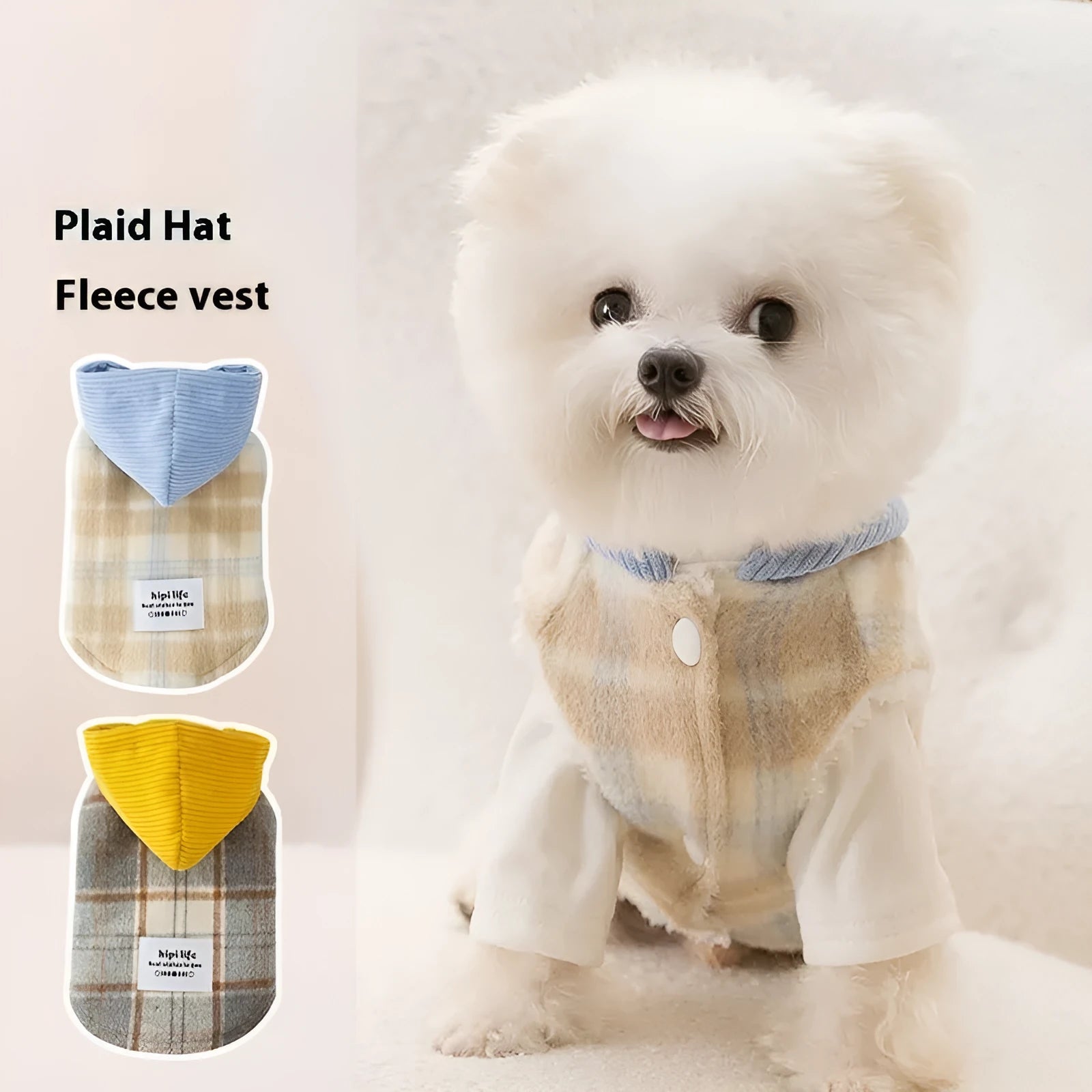Blue corduroy chessboard grid hooded vest for small dog with traction hood design