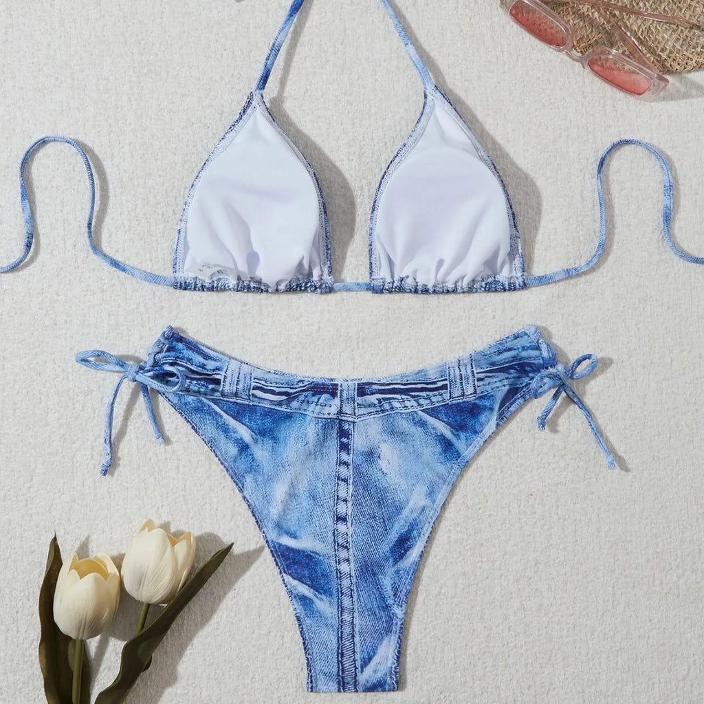 Women's denim blue printed bikini set with adjustable straps shown front and back