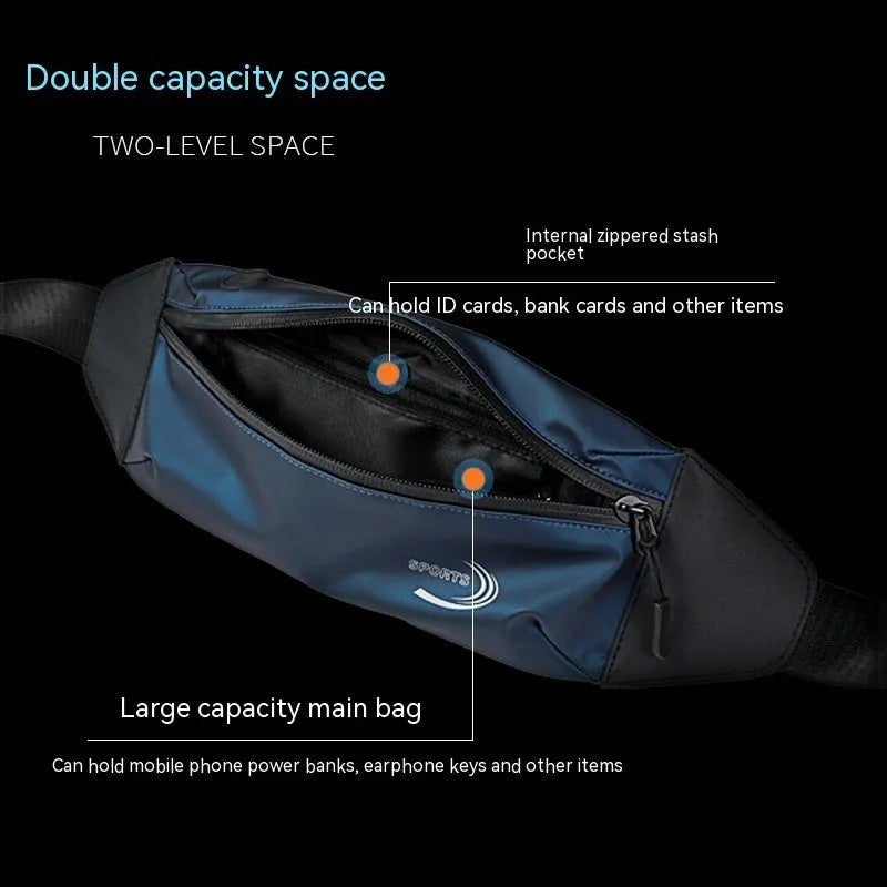 Men's blue waterproof polyester sports waist bag with adjustable strap.